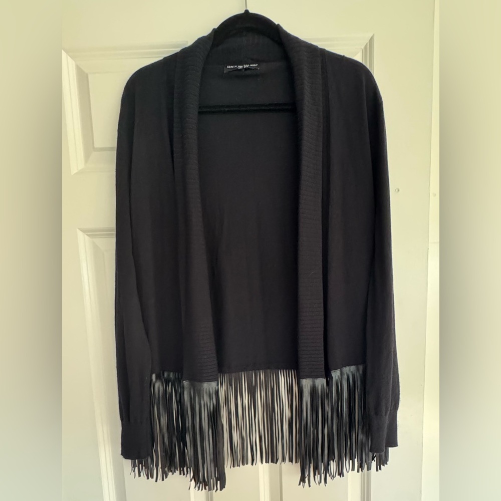 Central Park West black fringe open front‎ knit cardigan women’s S